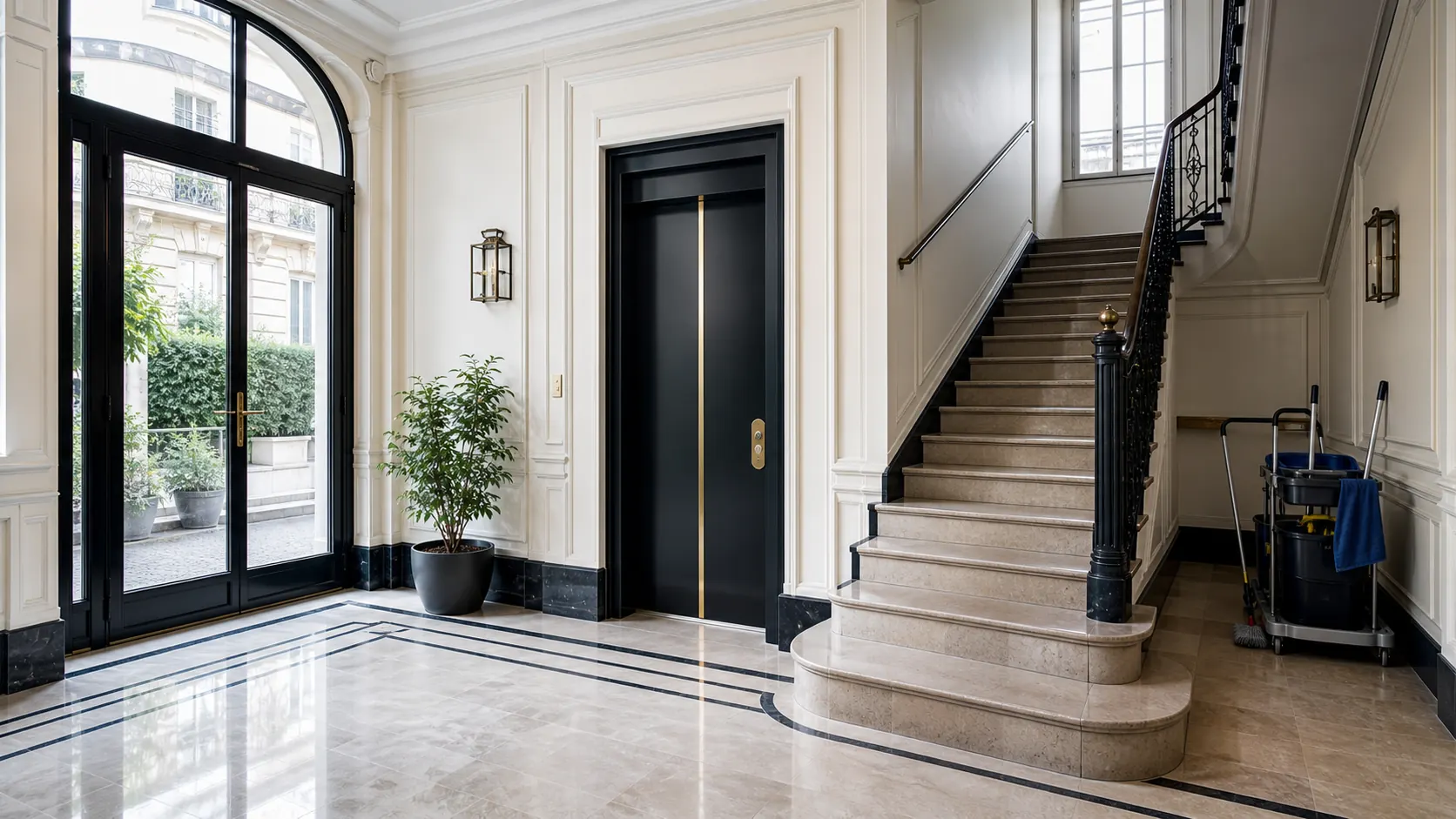 Hall d'immeuble lumineux et soigné